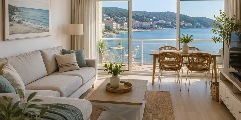 Salón decorado para una segunda vivienda en Sanxenxo con sofá, cortinas y mobiliario funcional