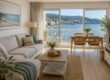 Salón decorado para una segunda vivienda en Sanxenxo con sofá, cortinas y mobiliario funcional