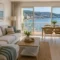 Salón decorado para una segunda vivienda en Sanxenxo con sofá, cortinas y mobiliario funcional