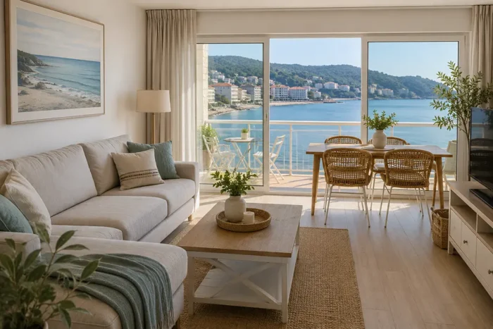 Salón decorado para una segunda vivienda en Sanxenxo con sofá, cortinas y mobiliario funcional Salón decorado para una segunda vivienda en Sanxenxo con sofá, cortinas y mobiliario funcional