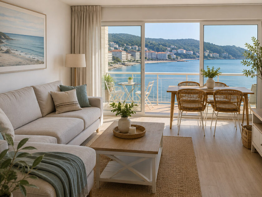 Salón decorado para una segunda vivienda en Sanxenxo con sofá, cortinas y mobiliario funcional